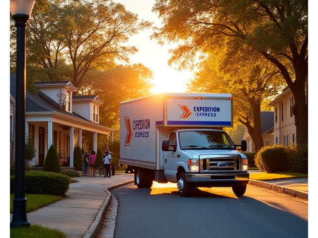 Expedition Express Moving van driving through a vibrant Atlanta neighborhood, depicting local roots and dedication to community.