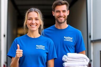 Two friendly Expedition Express movers smiling, holding moving blankets in front of a truck, representing professional and caring service.