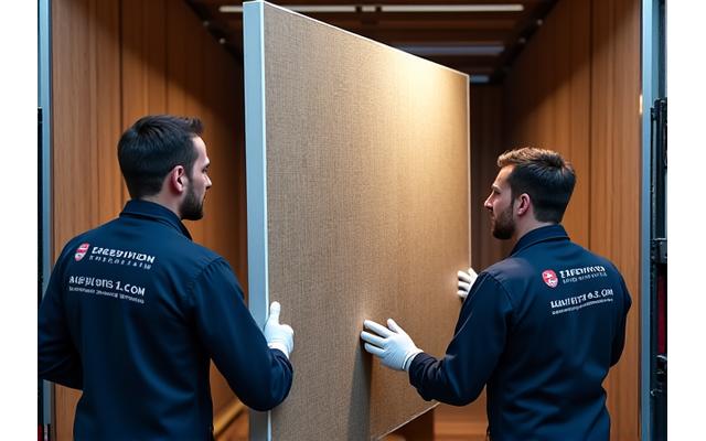 Art handlers carefully transporting a framed painting in a protective crate