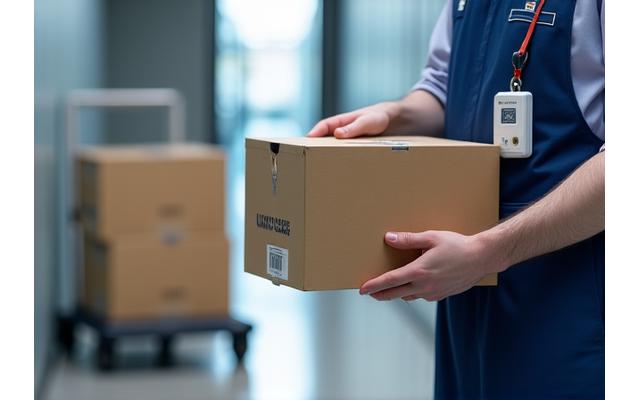 Secure locked document boxes being transported by a professional mover