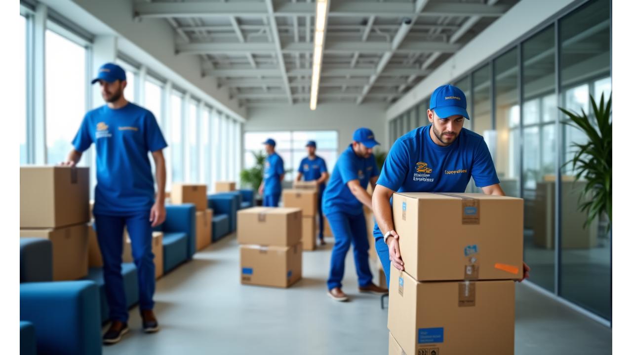 Expedition Express team moving boxes in a modern office, ensuring business continuity