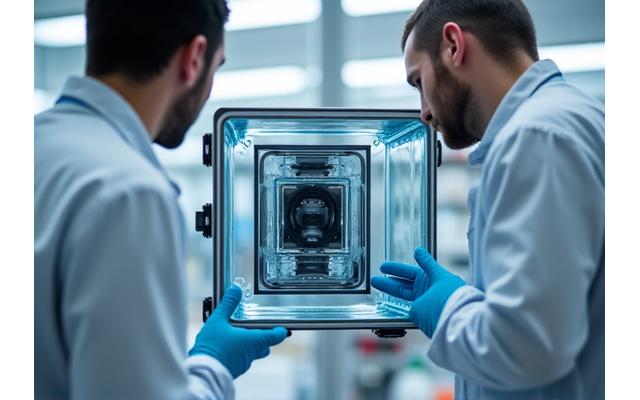 Lab technicians carefully moving a fragile piece of laboratory equipment