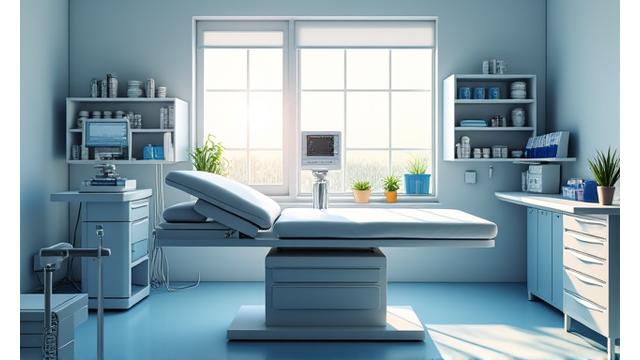 Clean, modern medical examination room with precision equipment, emphasizing care