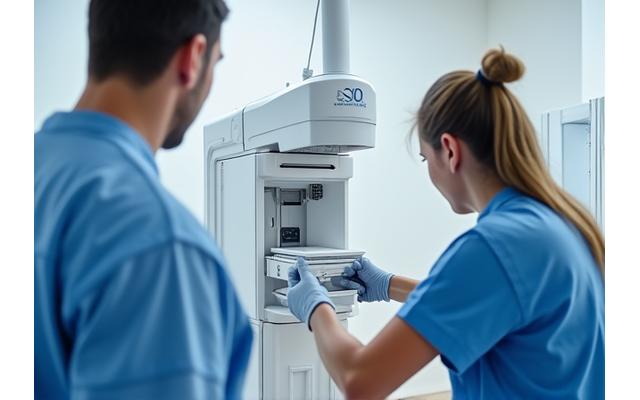 Technicians carefully moving highly sensitive medical equipment in a hospital setting