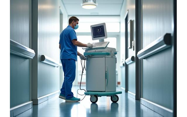 Medical professional overseeing careful transport of sensitive medical equipment