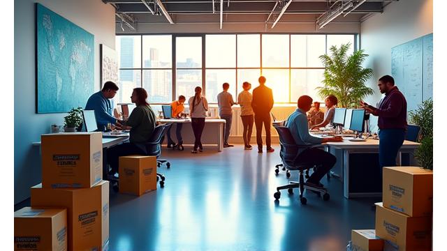 Modern tech office space with employees collaborating, representing a successful startup