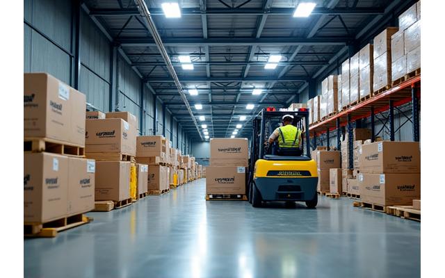 Forklift moving palettes in a clean, organized warehouse