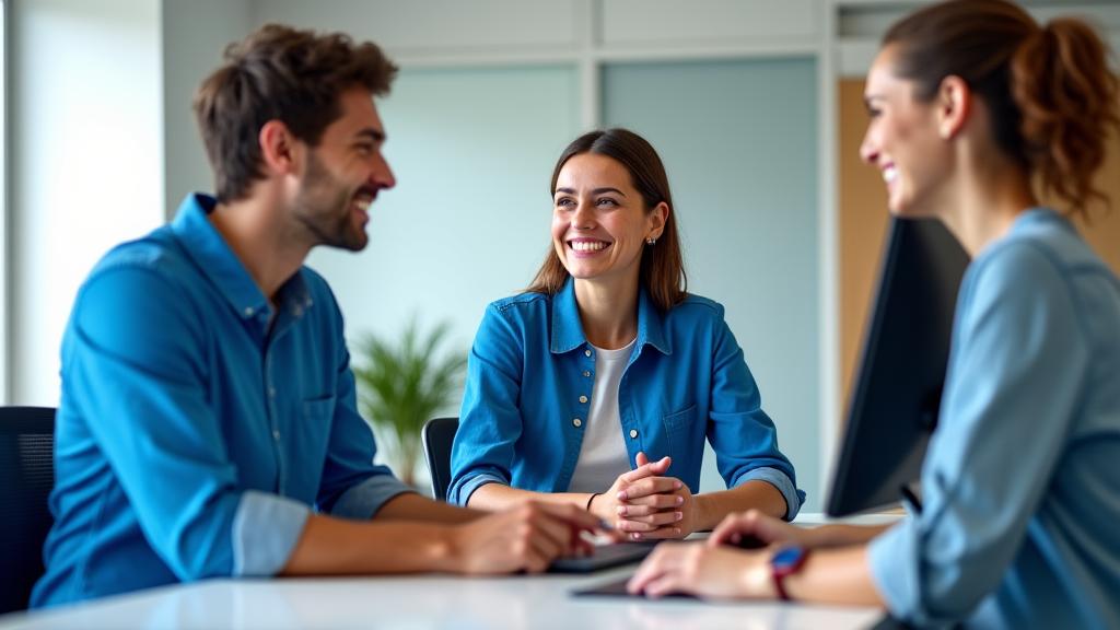 Image depicting two smiling Expedition Express customer service representatives assisting a client, symbolizing reliability and friendly service.