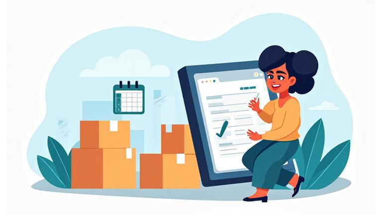 Illustration of a person filling out a digital form on a tablet with moving boxes and a calendar in the background