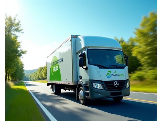 Modern, clean Expedition Express moving truck with 'Eco-Friendly' branding, driving on a sunny road with green trees in the background, symbolizing efficient logistics.