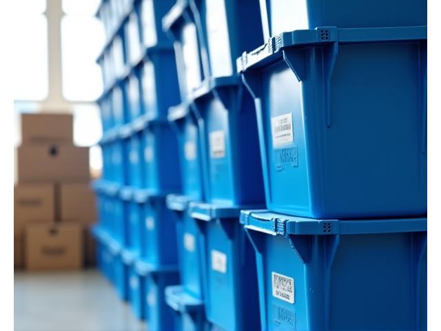 Stack of sturdy, blue reusable moving containers in a well-lit, modern storage facility, contrasting with traditional cardboard boxes.