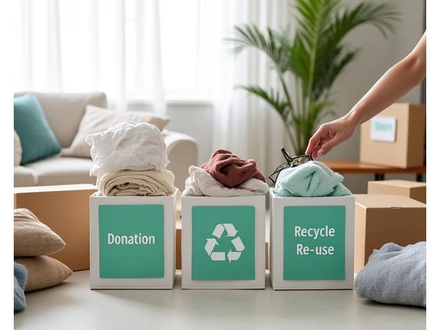 Various household items neatly sorted into boxes – 'Donation', 'Recycle', 'Re-use' – with a silhouette of a person placing an item in a bin, demonstrating responsible waste management.