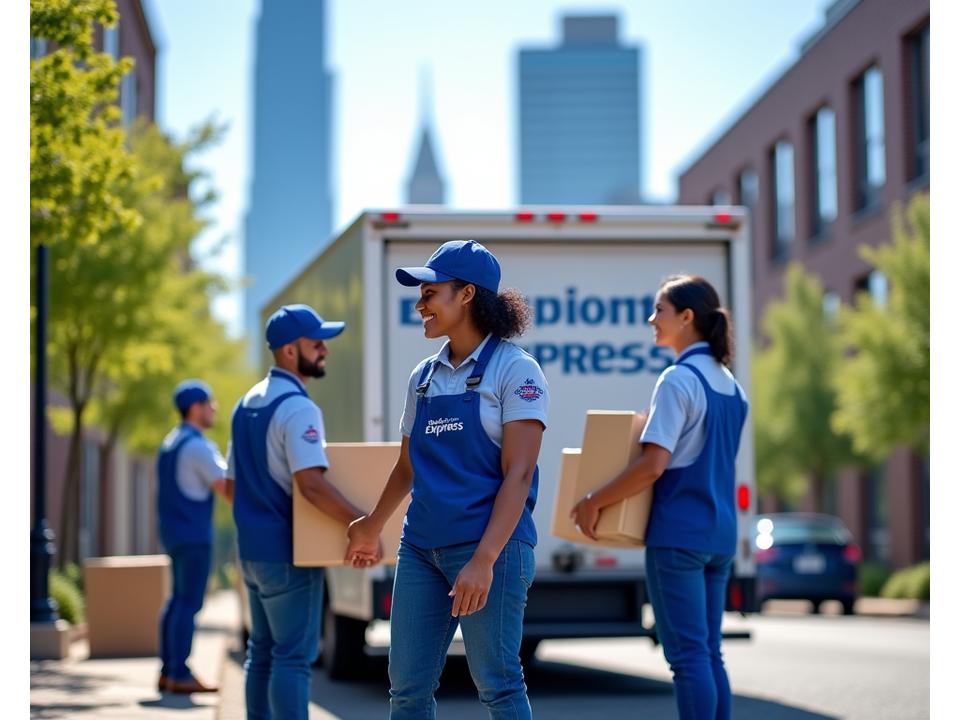 Expedition Express professional moving crew loading a truck with the Atlanta skyline in the background, symbolizing efficient and stress-free local and long-distance moves.