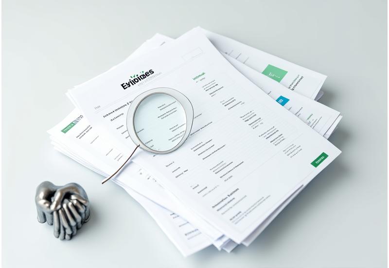 Illustration of transparent pricing with a magnifying glass over a detailed invoice and a handshake, symbolizing fairness.