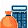Icon illustrating a cost calculator with a money bag and calculator.