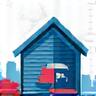 Icon depicting local moving with a house and moving truck.
