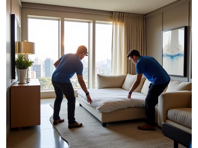 Expedition Express movers carefully loading furniture from a modern high-rise in Buckhead, Atlanta