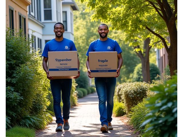 Expedition Express moving crew carefully moving boxes from a charming Decatur home with lush greenery