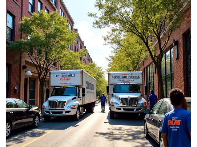 Expedition Express moving truck parked near historic buildings in Midtown Atlanta, with movers securing items