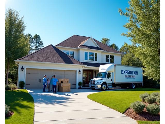 Expedition Express movers efficiently loading a truck in a suburban Sandy Springs neighborhood driveway
