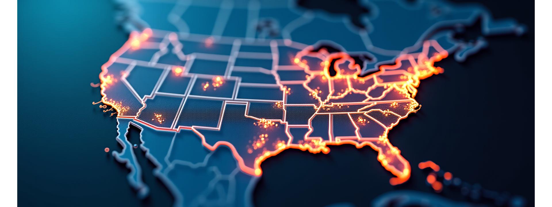 Interactive map of the United States with routes originating from Atlanta to major cities like Miami, Charlotte, Houston, Los Angeles, and New York, illustrating Expedition Express's long-distance moving capabilities.