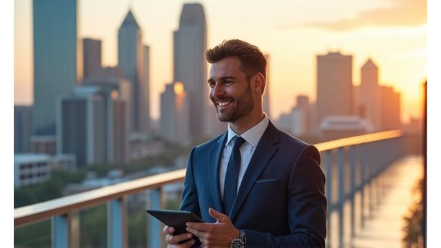 Smiling executive standing in front of a modern Dallas skyline, symbolizing a successful corporate relocation.