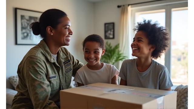 Military family laughing together in a new home with moving boxes, symbolizing a successful relocation to Colorado Springs.