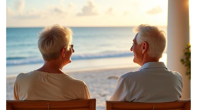 Happy couple on a porch overlooking a sunny beach in Sarasota, Florida, after retirement move.