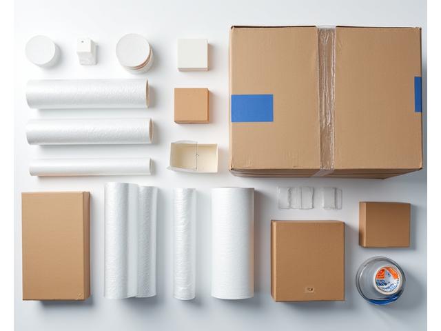 A variety of professional packing materials including different sized corrugated boxes, bubble wrap, packing paper, and tape, neatly arranged.