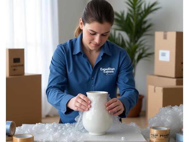 Expedition Express professional movers carefully packing a delicate vase in a moving box, surrounded by stacked moving supplies and premium packing materials.