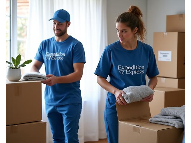 Expedition Express professional movers efficiently unpacking boxes in a bright, newly moved-into living room, placing items on shelves and tables.