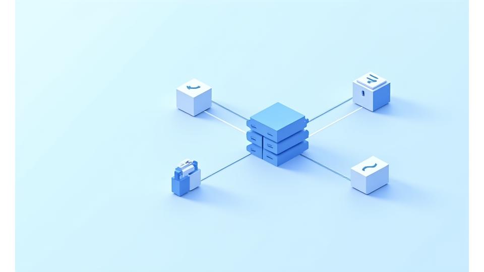 Illustration showing data points flowing securely into a central, protected server with a lock icon
