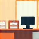 Icon representing office downsizing, with smaller desks and more open space
