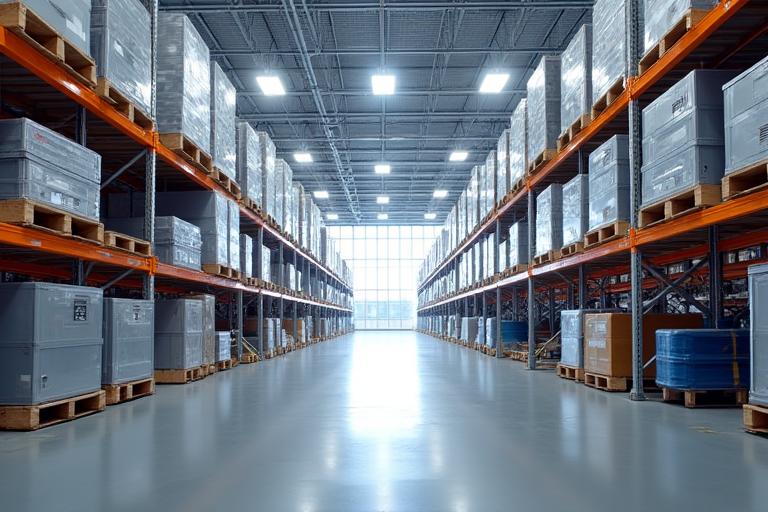 A vast, clean, and well-organized modern warehouse facility with climate control, storing office furniture and tech equipment, highlighting secure and flexible storage solutions.