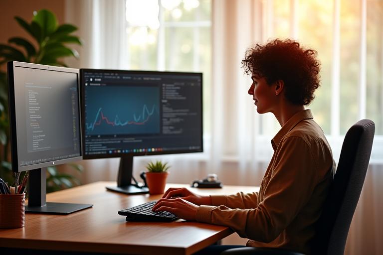 An organized and inspiring home office setup with a person comfortably working, surrounded by modern tech, showcasing professional remote workspace readiness.