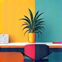 Icon representing hybrid workspace, with office desks blended with home office elements