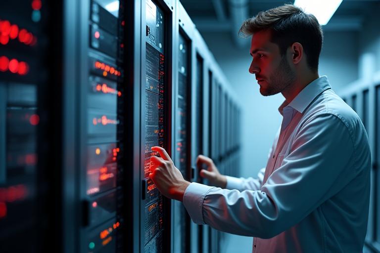 Close-up of server racks with glowing lights, handled by a professional in a secure, climate-controlled environment, emphasizing careful IT equipment moving.