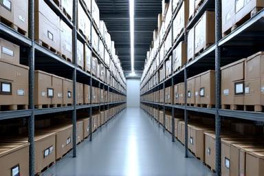 Organized shelves of business documents and small inventory items in a commercial storage unit.