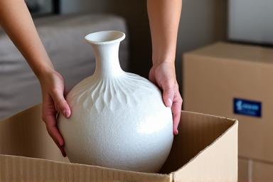 Person thoughtfully organizing items in storage, showing process of downsizing or decluttering.