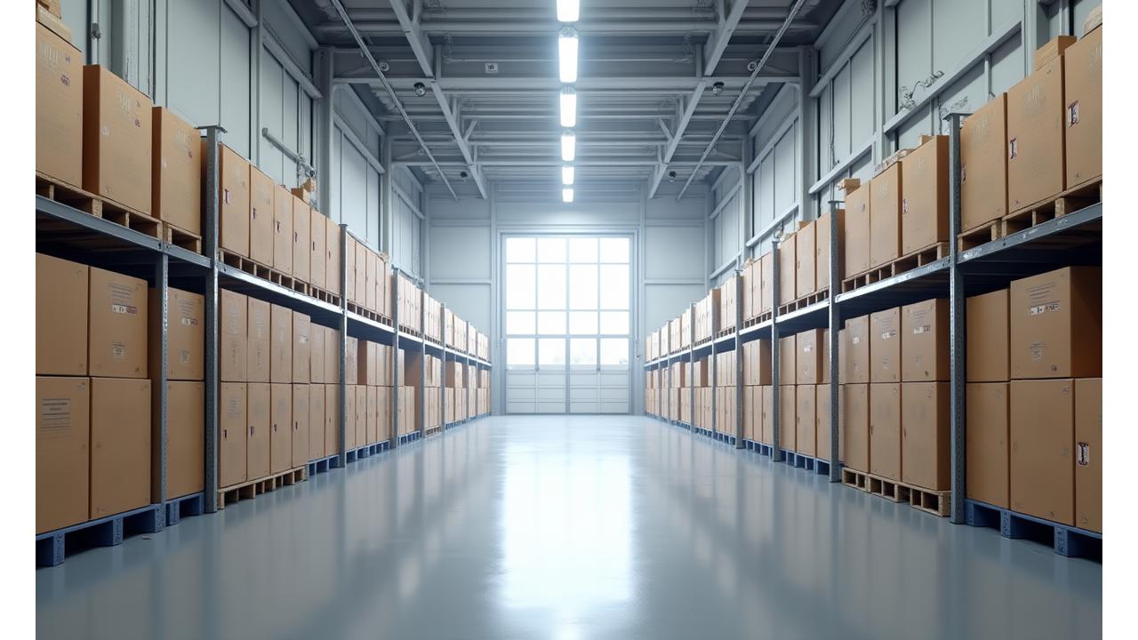 Expedition Express climate-controlled storage facility interior with perfectly stacked boxes, bright and clean aisles, and security cameras visible.