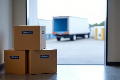 Boxes labeled 'Move', a moving truck in the background, symbolizing temporary storage during relocation.