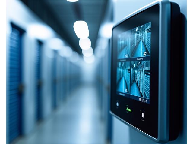 Close-up of a digital security surveillance monitor showing multiple camera feeds alongside a climate control panel displaying temperature and humidity readings.