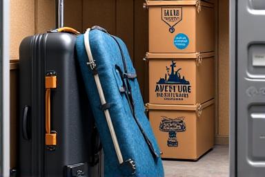 Suitcases and travel gear neatly stored, evoking long-term travel or temporary relocation.