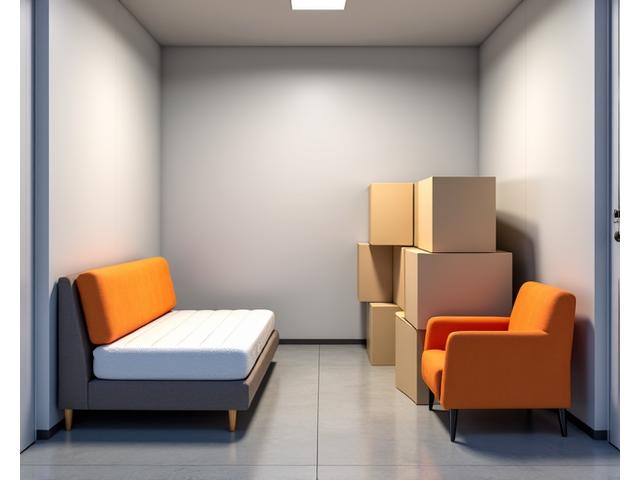 Interior of a 10x10 storage unit containing furniture from a one-bedroom apartment, such as a mattress, sofa, and boxes.