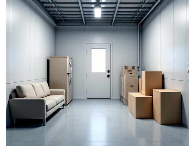 Interior of a spacious 10x20 storage unit filled with household items for a multi-bedroom home, including boxes, large furniture and appliances.