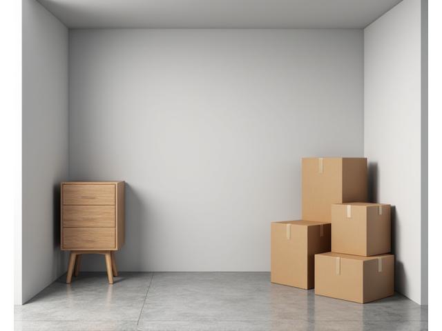 Interior of a 5x5 storage unit with a few stacked boxes and a small piece of furniture, illustrating compact storage.
