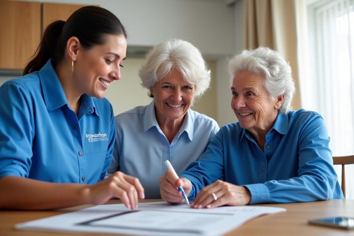 An adult daughter, her senior mother, and an Expedition Express team member reviewing a moving checklist at a kitchen table, symbolizing collaborative planning.