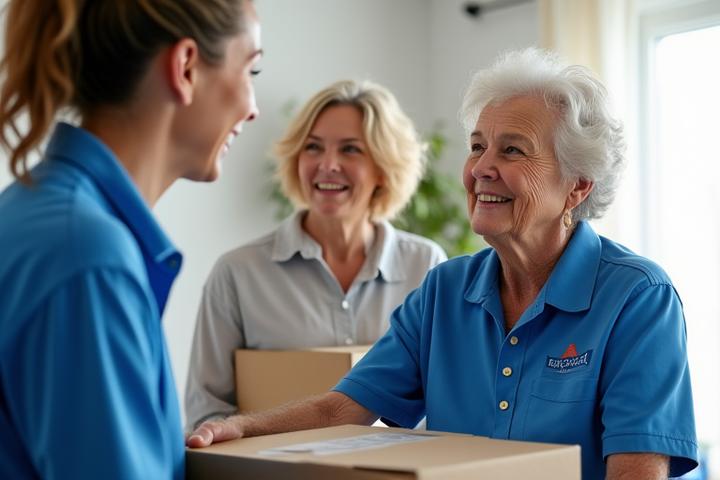 A caring Expedition Express team member assists a senior woman and her adult daughter during a move, all smiling with moving boxes in a bright, organized living room.