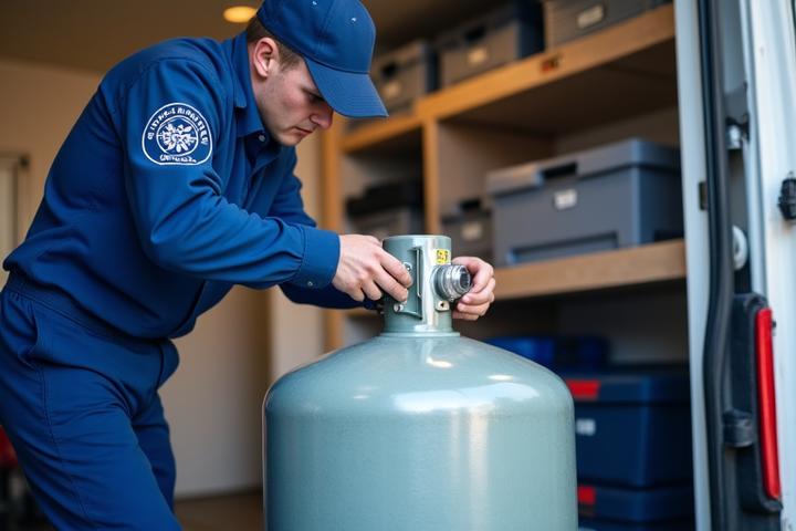 An Expedition Express team member carefully secures a medical oxygen tank during a senior relocation, demonstrating careful handling and attention to specialized items.