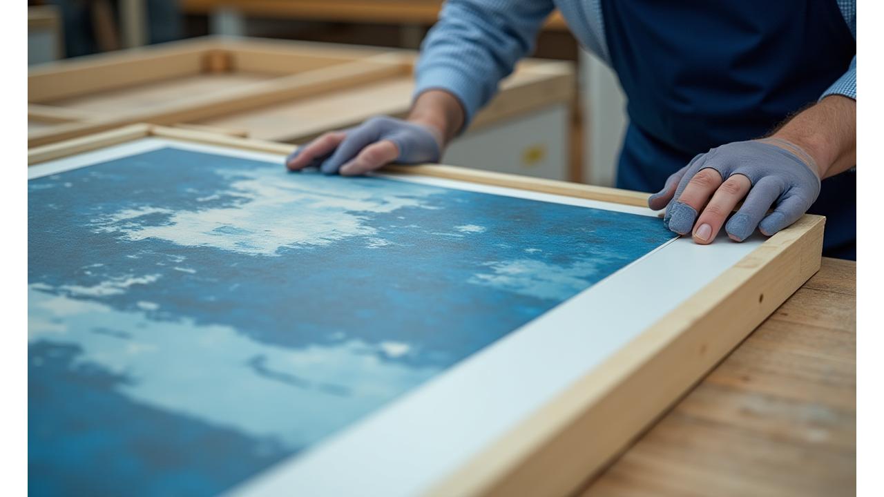 Art handler meticulously placing a large framed painting into a custom-built wooden crate for secure transport.